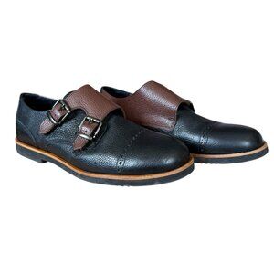 Blublonc boys leather black and brown double monk velcro strap shoes size 5 (37)